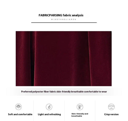 Off-shoulder wine red bridal dress with long, flowing skirt and tight waist for a sophisticated, elegant look