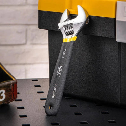 Adjustable stainless steel spanner with PVC handle, featuring a laser-etched scale for precise measurements and a smooth-operating screw nut for easy adjustments.