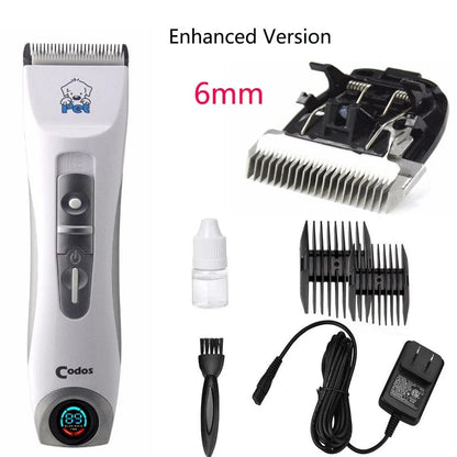 A modern, cordless electric dog grooming trimmer with an LCD display and multiple attachments for professional-quality pet grooming