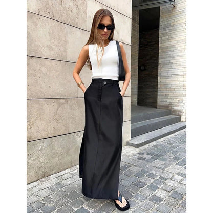 Elegant black ankle-length A-line skirt with pockets, made of high-quality polyester, spandex, and viscose blend fabric