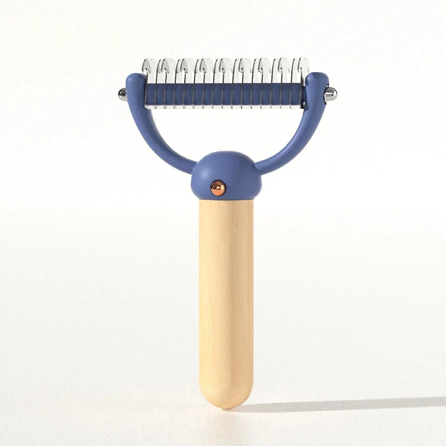 Double-sided pet hair comb with stainless steel blades and ergonomic wooden handle for effective grooming