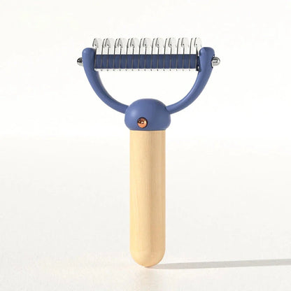 Double-sided pet hair comb with stainless steel blades and ergonomic wooden handle for effective grooming