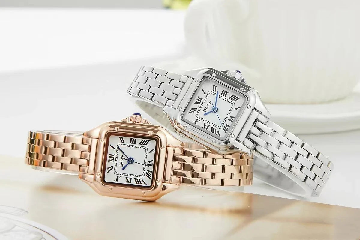 Elegant square quartz watch with a fine steel band, featuring a minimalist design and precise timekeeping.