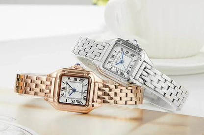Elegant square quartz watch with a fine steel band, featuring a minimalist design and precise timekeeping.