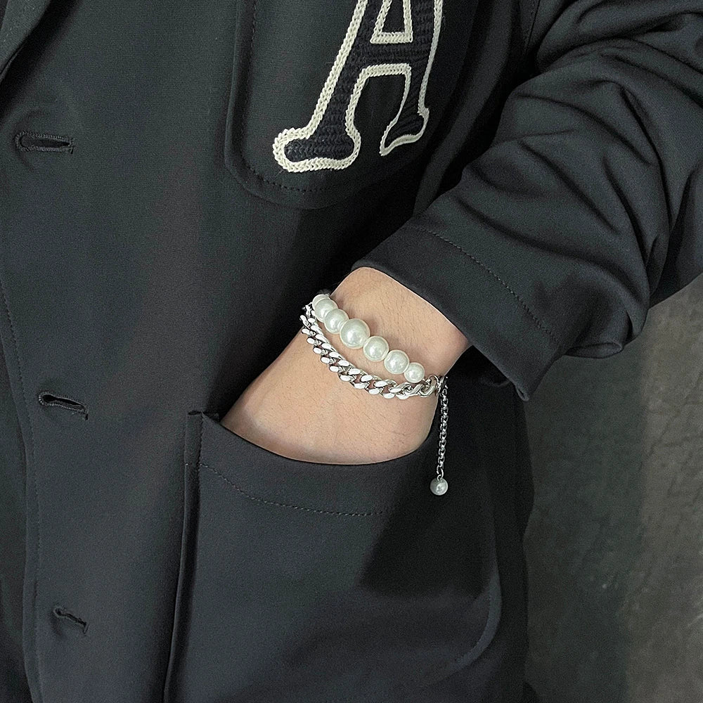 Elegant Pearl Cuban Double Layer Bracelet for men and women, featuring a premium titanium steel construction and a sophisticated design.