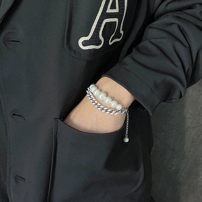 Elegant Pearl Cuban Double Layer Bracelet for men and women, featuring a premium titanium steel construction and a sophisticated design.