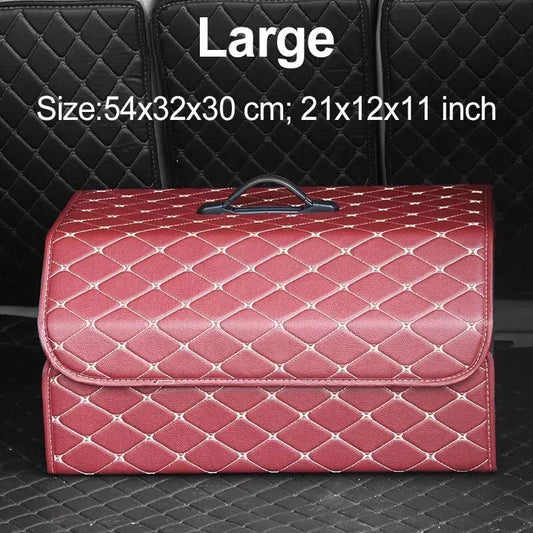 Premium collapsible leather car boot organiser in black, burgundy red, and black red colours