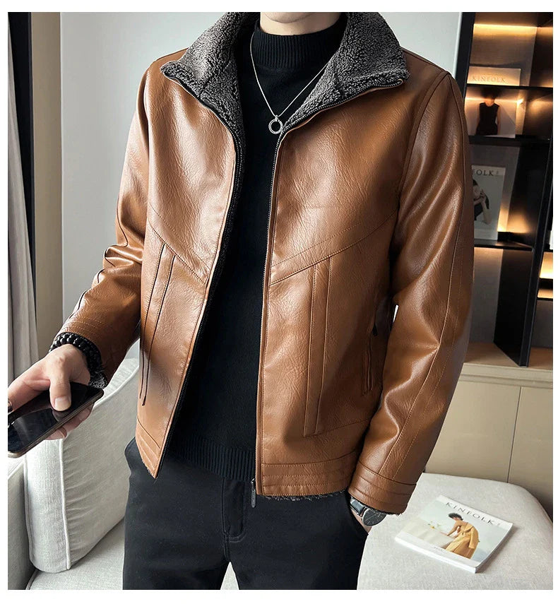 Premium plus-size leather jacket in classic Hong Kong style with velvet padding for exceptional comfort and warmth