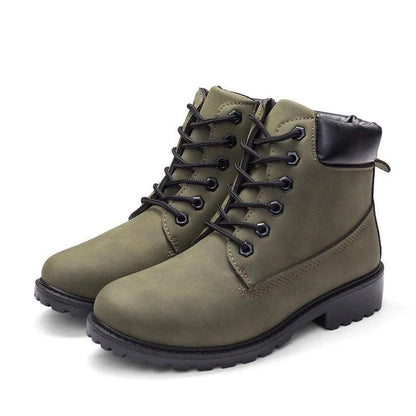 Durable lace-up ankle boots in yellow, featuring a robust rubber sole and faux leather construction for all-weather versatility.
