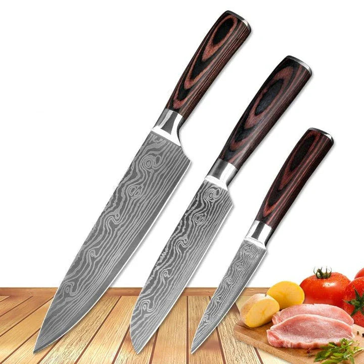 A set of three Japanese-style chef knives with stainless steel blades and ergonomic handles, perfect for slicing, dicing, and mincing in the kitchen.
