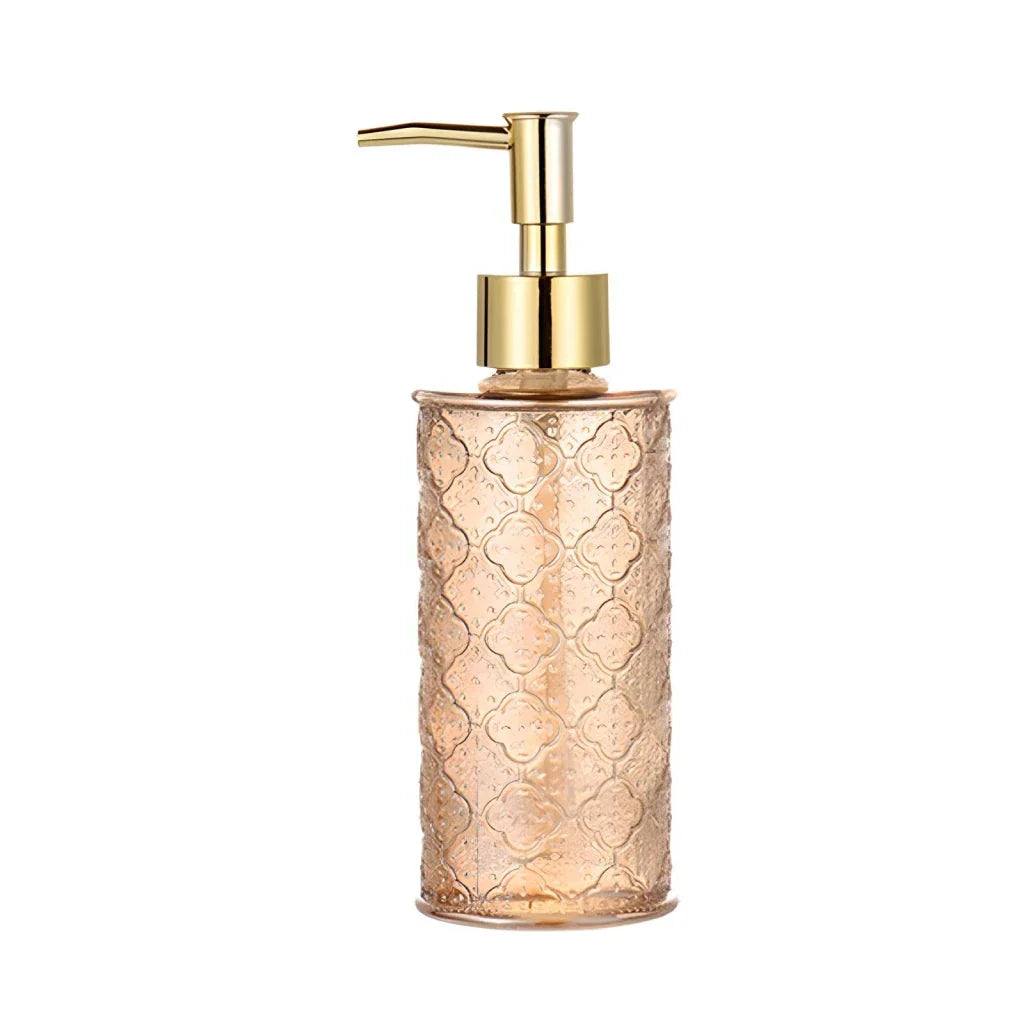 Elegant 280ml glass soap dispenser in pink colour, suitable for bathroom and kitchen use