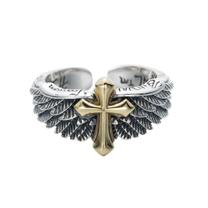 Men's sterling silver vintage cross wings ring with adjustable sizing