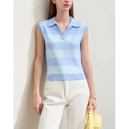 Chic Summer Knit Sleeveless Sweater in a neutral striped pattern, offering a comfortable and stylish option for warm weather wear.