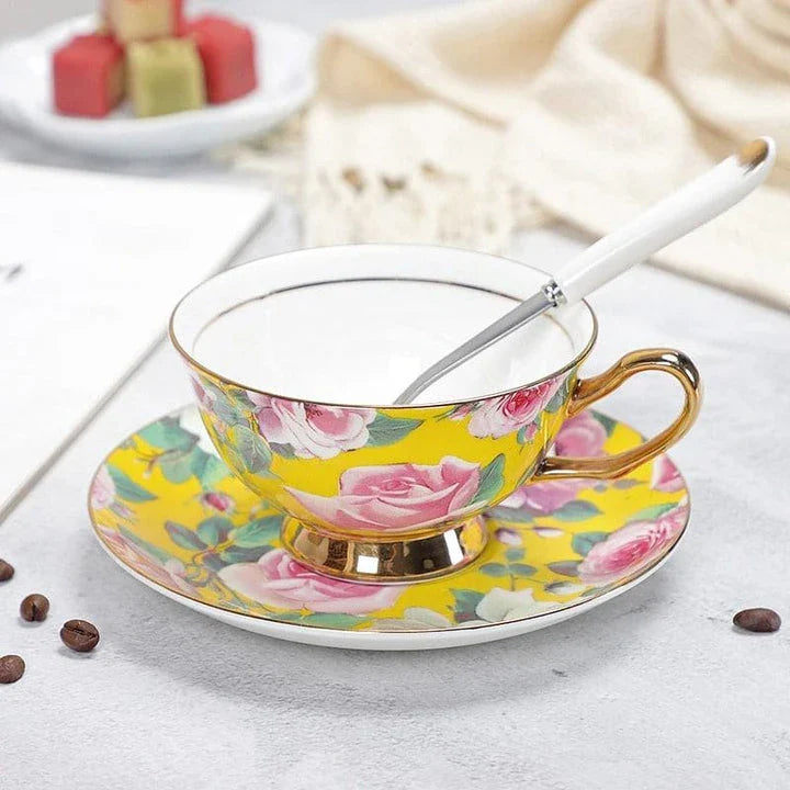 Charming floral porcelain tea set with cup, saucer, and spoon in a variety of delicate colour options