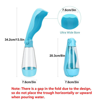 Portable pet water bottle with a wide trough and generous 420ml capacity for hydrating dogs on the go.