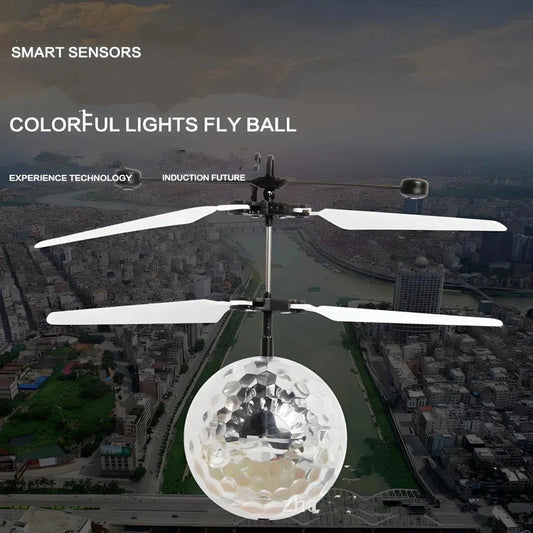 A neon-coloured LED magic hover ball floating and gliding effortlessly through the air, creating a mesmerizing visual display.