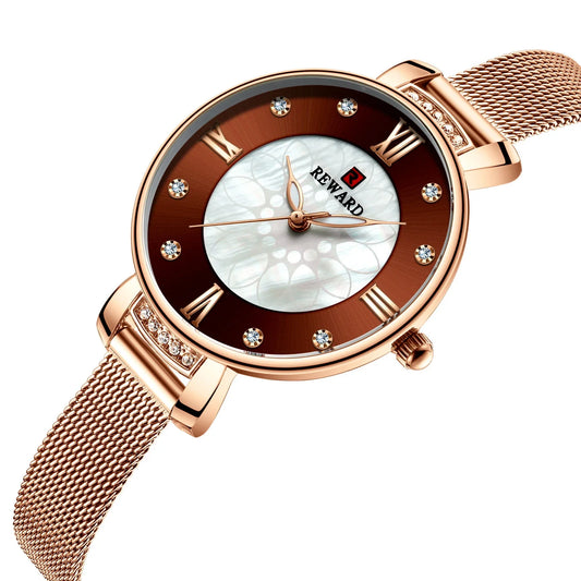 Elegant shell-inspired dial and Milanese mesh strap ladies watch from Trendha