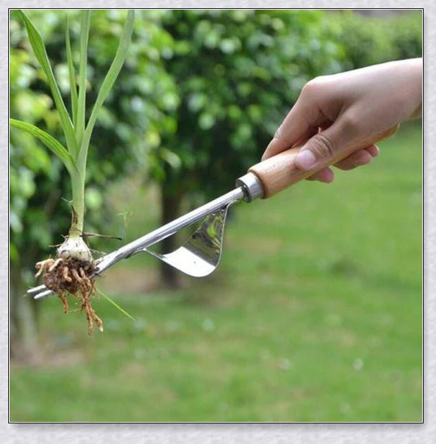 Premium British stainless steel manual weed puller with curved metal base and sharp forks for easy weed removal