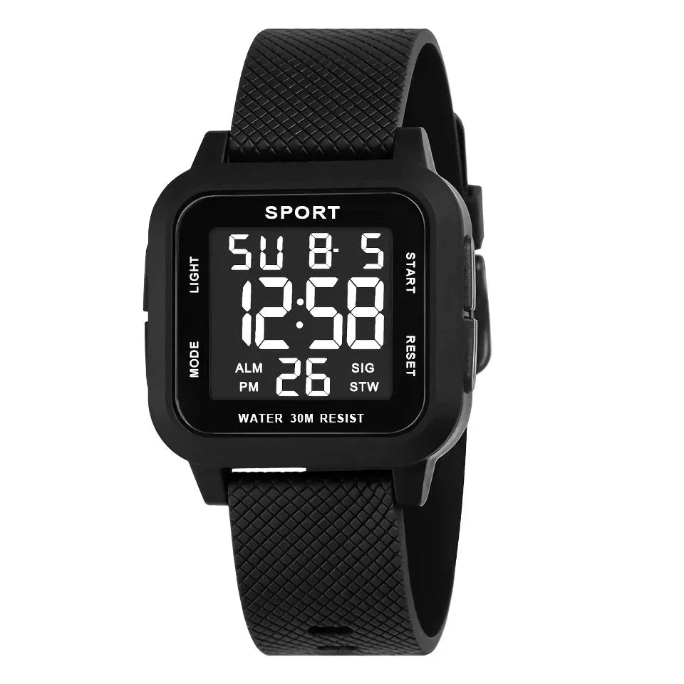 Rugged LED military sports watch with shock-resistant rubber case and tough TPU band, designed for adventurous men in the UK