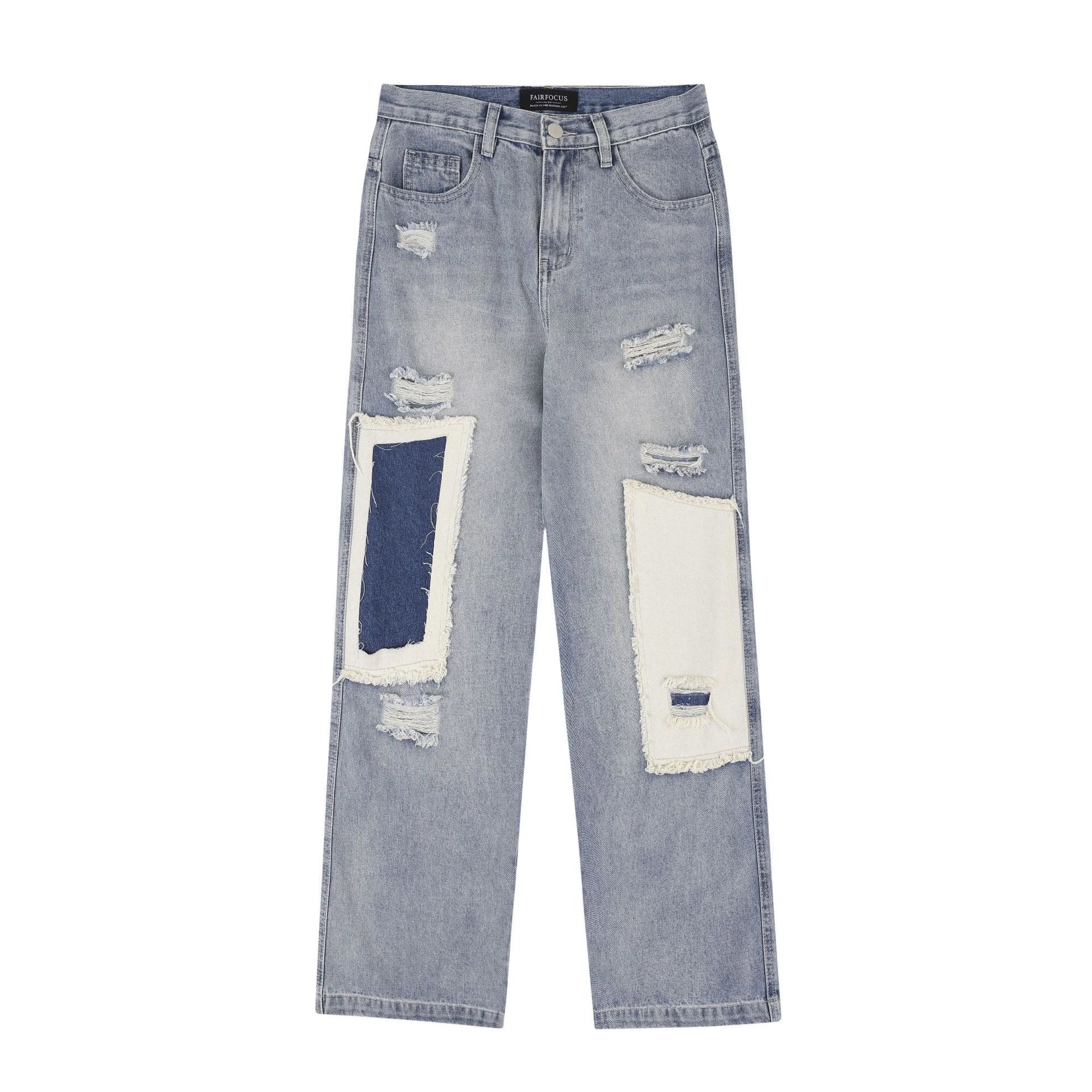 Premium heavy-duty straight-fit British denim jeans with distressed detailing and a versatile silhouette