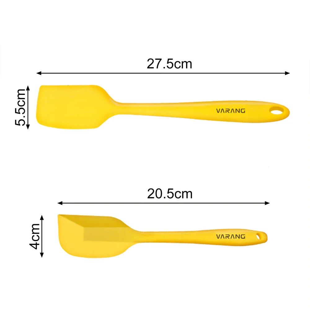 A set of two high-quality silicone spatulas in brown and yellow colours, designed for versatile cooking and baking tasks.