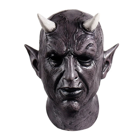 A close-up view of a black latex mask with twisted, menacing horns, creating a fearsome demonic appearance for Halloween costumes and parties.