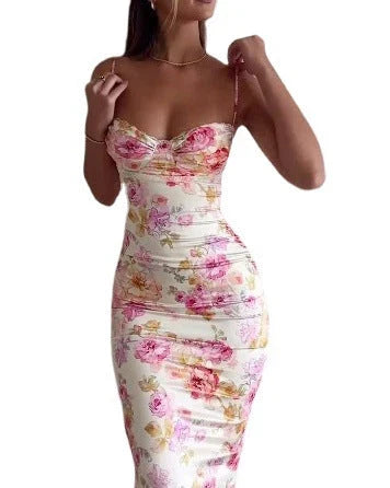 Elegant lace-up backless slit sheath skirt with delicate floral pattern and high-waist design