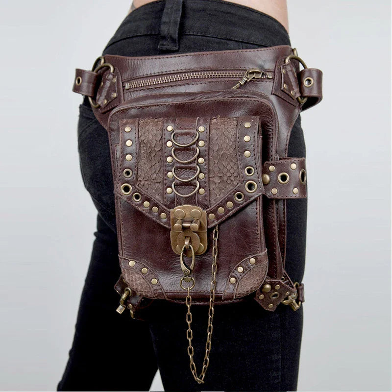 Stylish mini crossbody bag in brown colour with punk-rock inspired design, perfect for hands-free urban adventures