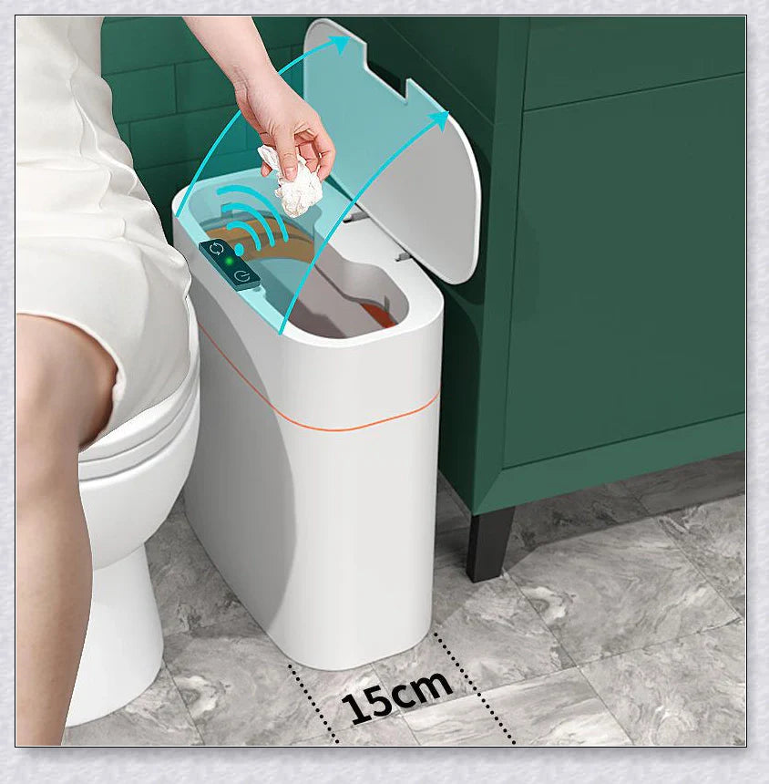 Sensor-powered bin with sleek design and touch-free motion-activated lid for effortless, hygienic waste disposal
