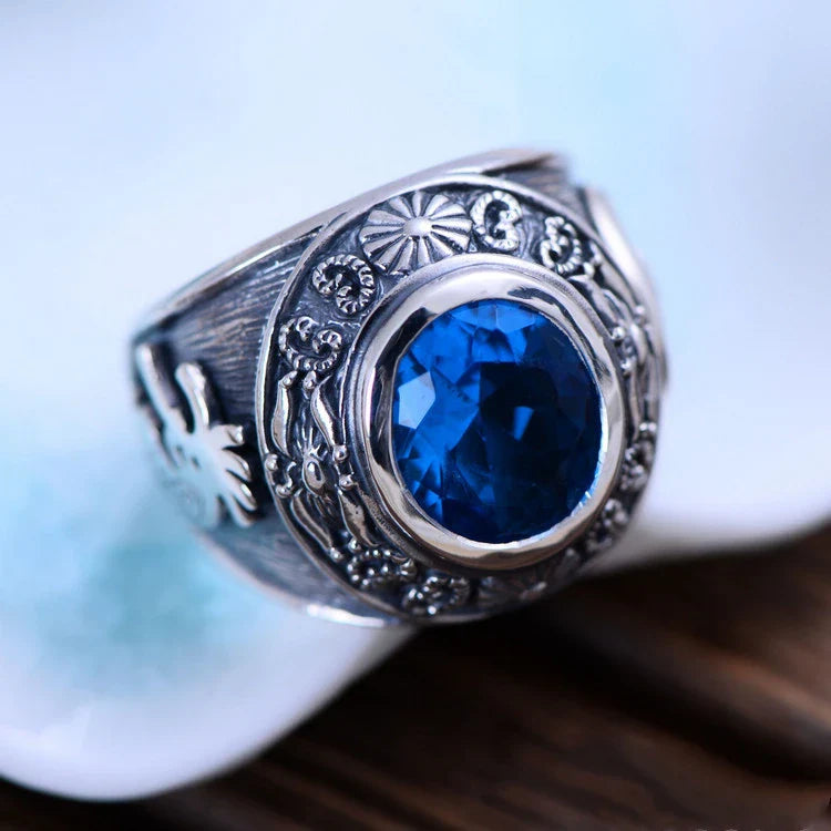 925 sterling silver personalized totem signet ring with blue crystal, a unique and captivating accessory for men