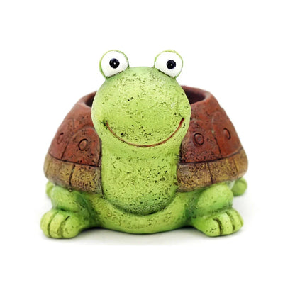 A charming, hand-painted resin planter in the shape of a cartoon turtle, perfect for displaying succulents, cacti, and other small plants.