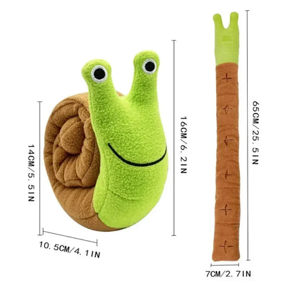 A plush snail-shaped snuffle mat toy with hidden treat pockets, designed to stimulate a dog's natural foraging instincts.