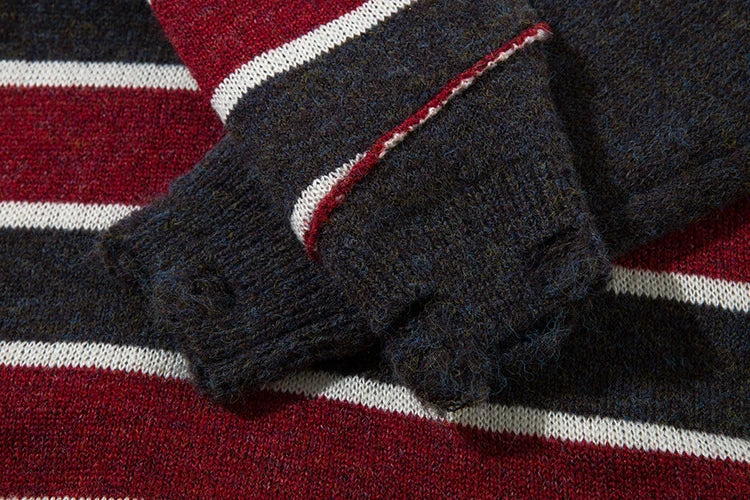 A cosy and stylish jumper featuring a patchwork design with contrasting stripes in a classic British colour palette.