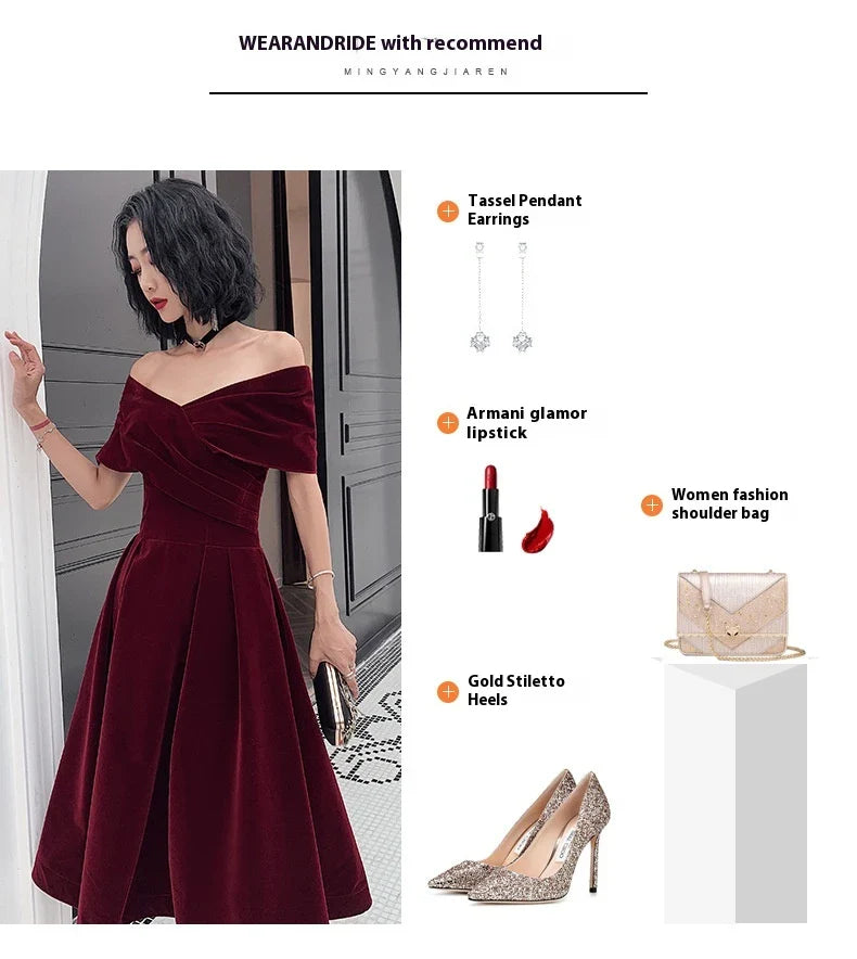 Off-shoulder wine red bridal dress with long, flowing skirt and tight waist for a sophisticated, elegant look