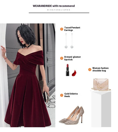 Off-shoulder wine red bridal dress with long, flowing skirt and tight waist for a sophisticated, elegant look