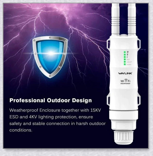 Rugged outdoor Wi-Fi extender with weatherproof housing and omnidirectional antennas for reliable wireless connectivity