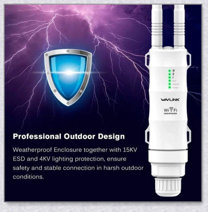 Rugged outdoor Wi-Fi extender with weatherproof housing and omnidirectional antennas for reliable wireless connectivity