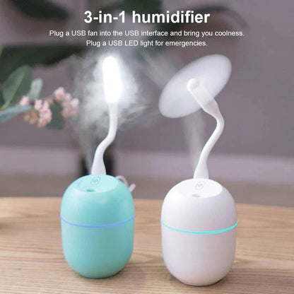 Compact ultrasonic humidifier and aroma diffuser with LED night lamp, available in white colour