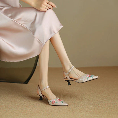 Elegant Embroidered Pointed Toe Sandals with Spike Heels in Black