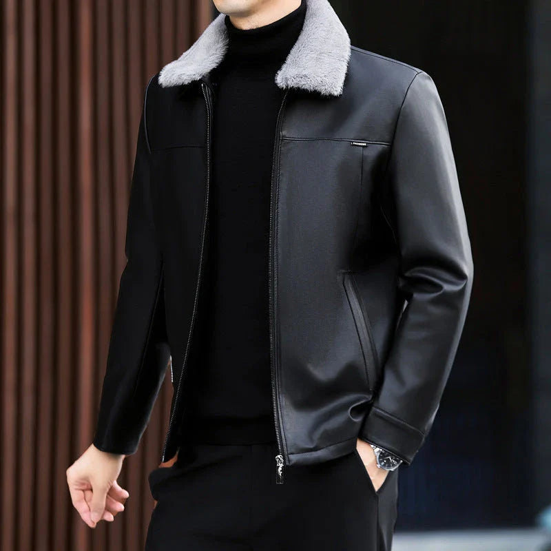A premium leather down jacket for men, featuring a sleek and sophisticated design with warm insulation for the autumn and winter seasons.