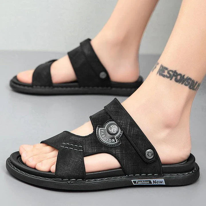 Premium British-made beach sandals with breathable PU upper, non-slip rubber sole, and adjustable buckle closure
