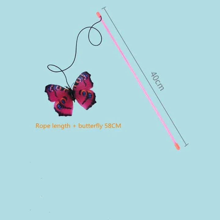 A colourful cat toy in the shape of a butterfly on a stick, designed to engage and entertain your feline friend.