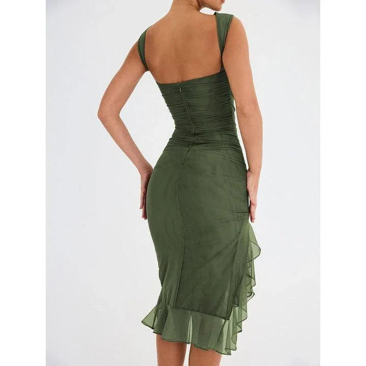 Elegant backless midi dress with ruffled tiers and sleeveless design, perfect for British women's fashion