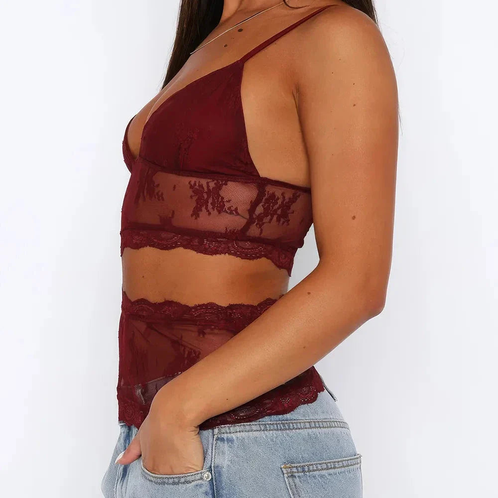 Stylish floral lace camisole top with spaghetti straps and backless design for fashion-forward summer looks