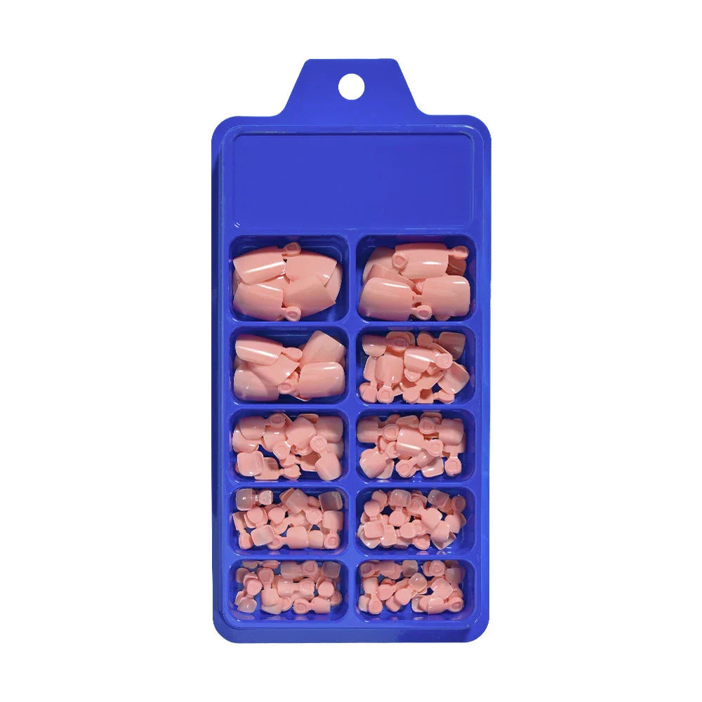 Elegant short square press-on toenails in vibrant pink, red, and nude shades for a polished and convenient pedicure