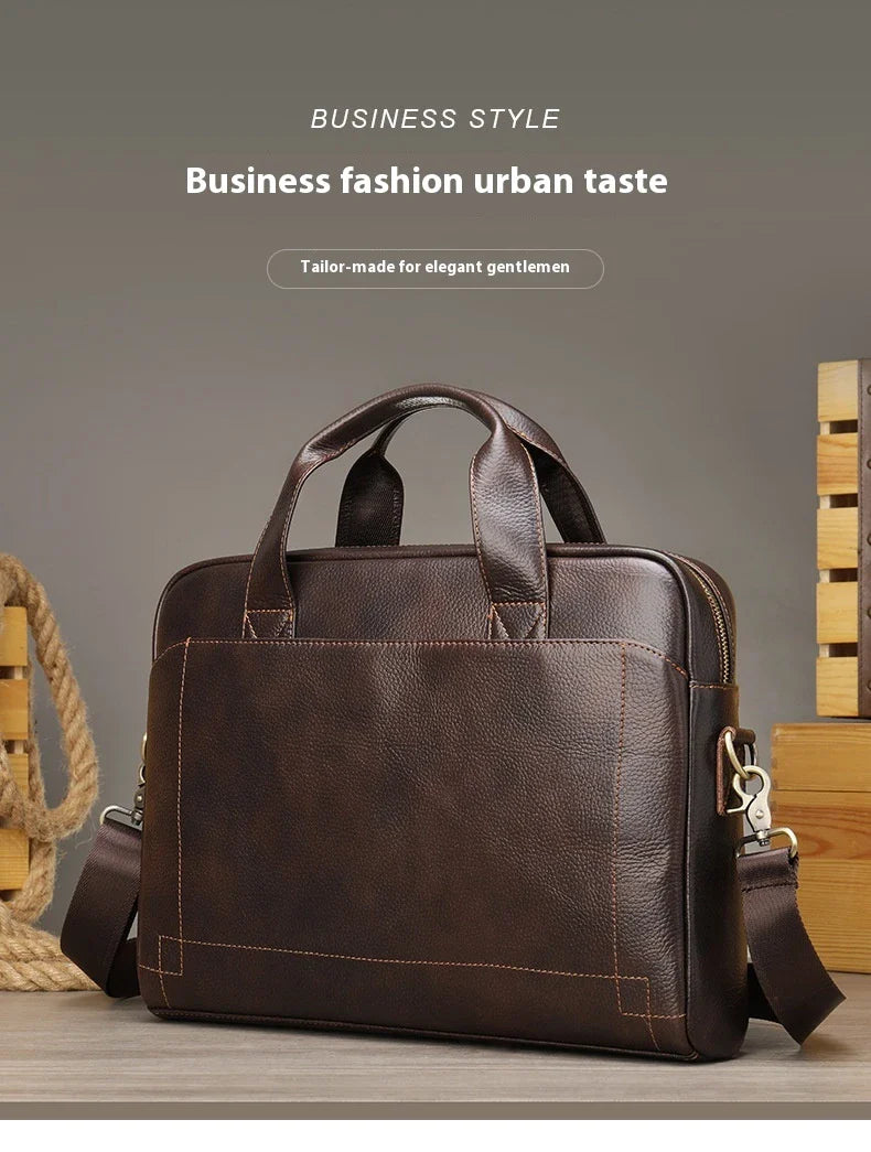 Men's genuine leather briefcase in dark coffee colour, featuring a spacious interior and adjustable shoulder strap for versatile carrying