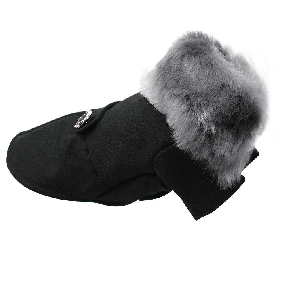 Stylish and cosy woollen dog jacket in black, designed to keep your canine companion warm and comfortable during the colder months.