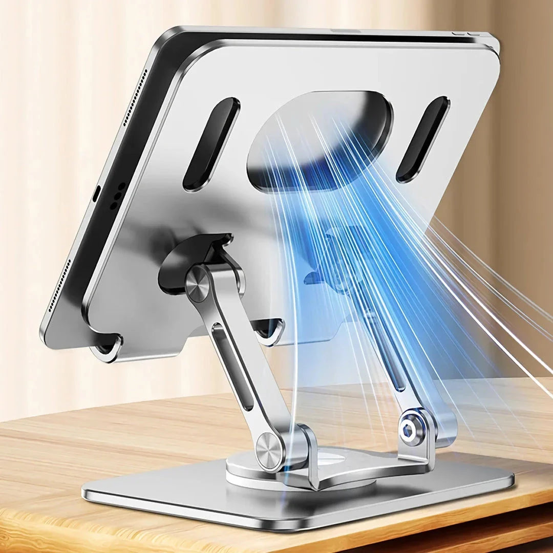 Premium Adjustable 360° Rotating Tablet and Phone Stand made of durable aluminium alloy, foldable for easy travel