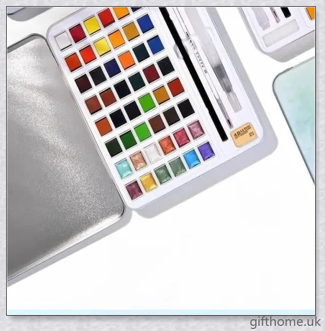 A set of vibrant watercolour paints with a glittering, iridescent effect, including brushes, a palette, and paper for a complete painting experience.