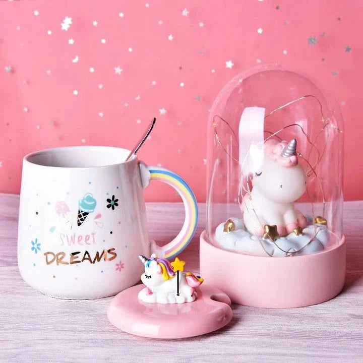 Premium ceramic unicorn coffee mug with 3D lid and stainless steel spoon for a magical daily beverage experience